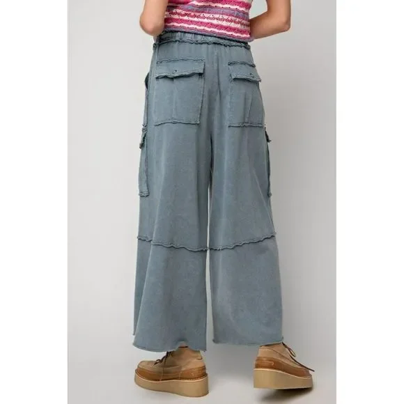 Easel Netflix and Chill Mineral Washed Wide Leg Cargo Pants Faded Navy eb40795 - Picture 2 of 5
